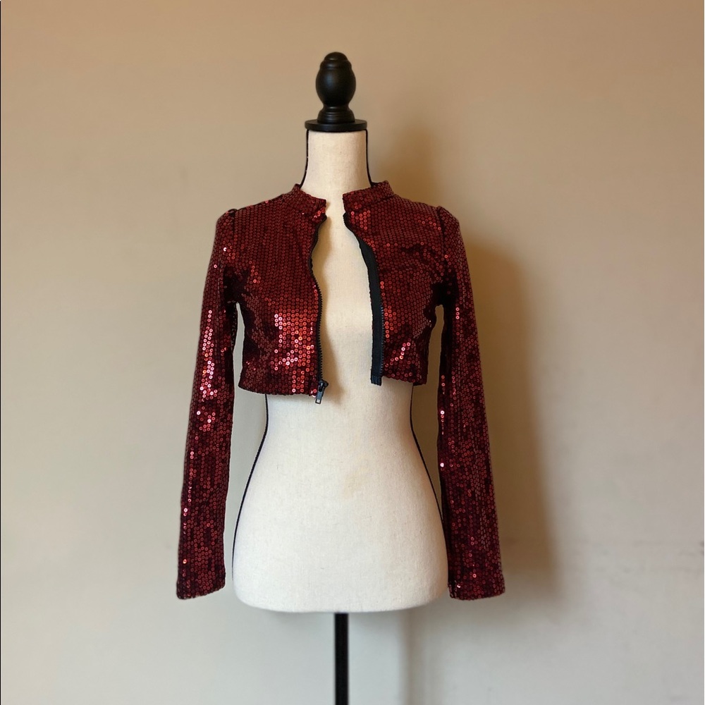 Girls Red Sequin Cropped Jacket
